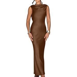 Women's Brown Elegant Sleeveless High Neck Tie Cocktail Wedding Party Maxi
